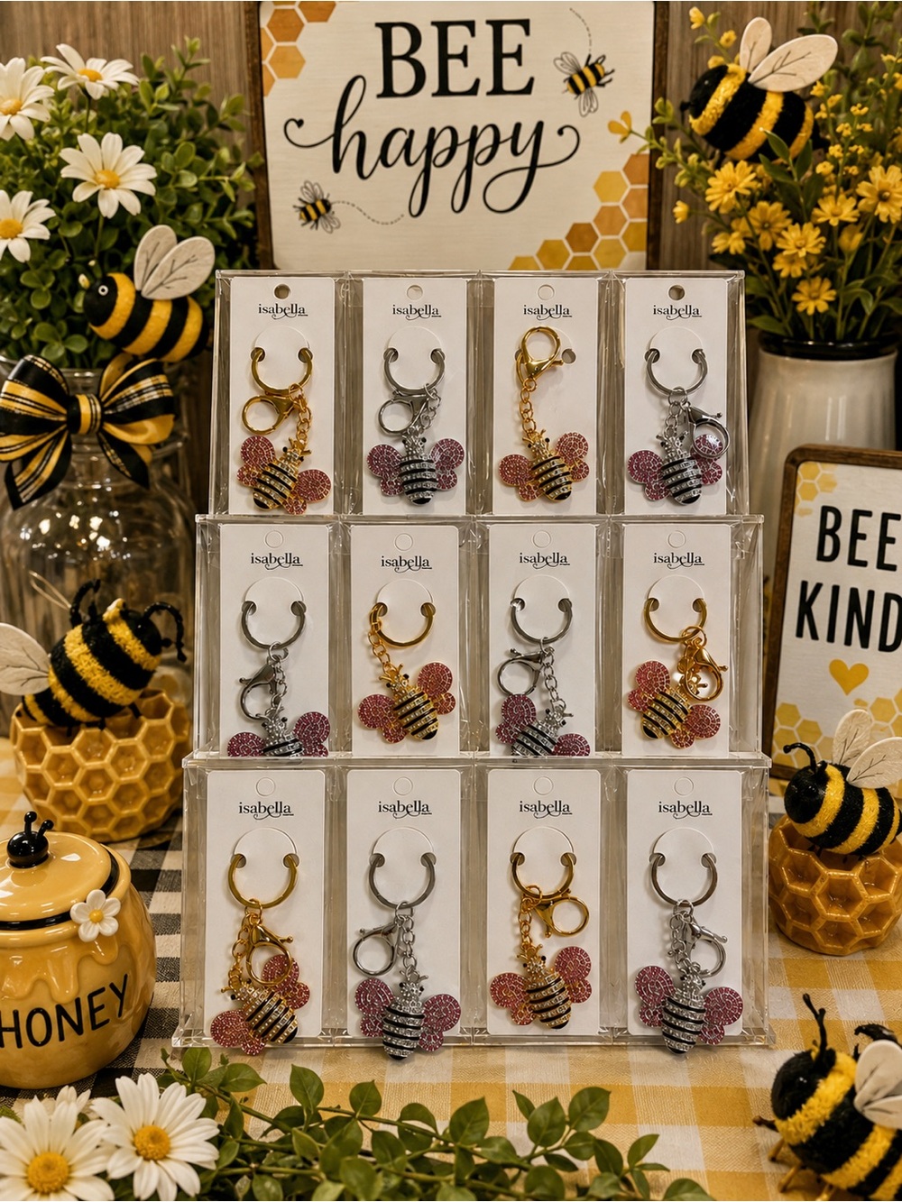 12 Gold & Silver Bee Keychains/ bag charms with Pink Glitter Wings-Bulk bundle
